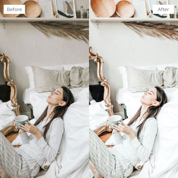 Before and after using Lightroom Presets to achieve a bright and airy effect in photography.