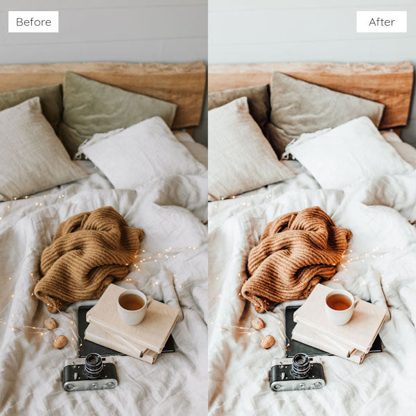 Before and after using Lightroom Presets for enhancing natural light and shadows in photos.