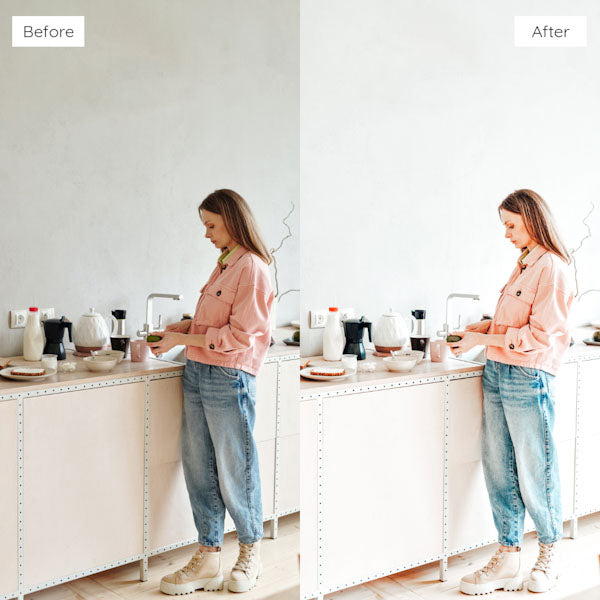 Before and after using Lightroom Presets to create a consistent, cohesive look across a photo series.