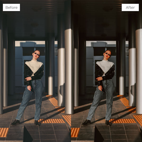 Before and after using Lightroom Presets for sharpening details and intensifying colors in photos.