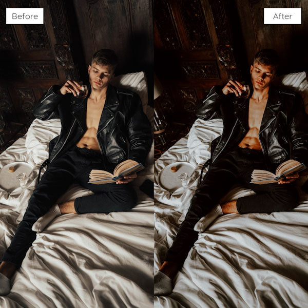 Before and after using Lightroom Presets to create a consistent, cohesive look across a photo series.