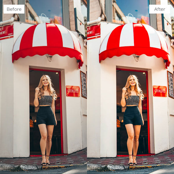 Before and after using Lightroom Presets to add vibrant and dynamic tones to an image.