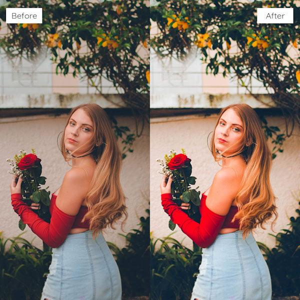 Before and after using Lightroom Presets for creating a moody, cinematic look.