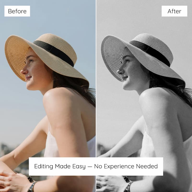Before and after comparison of a woman wearing a sun hat edited with Ilford B&W Preset Collection.
