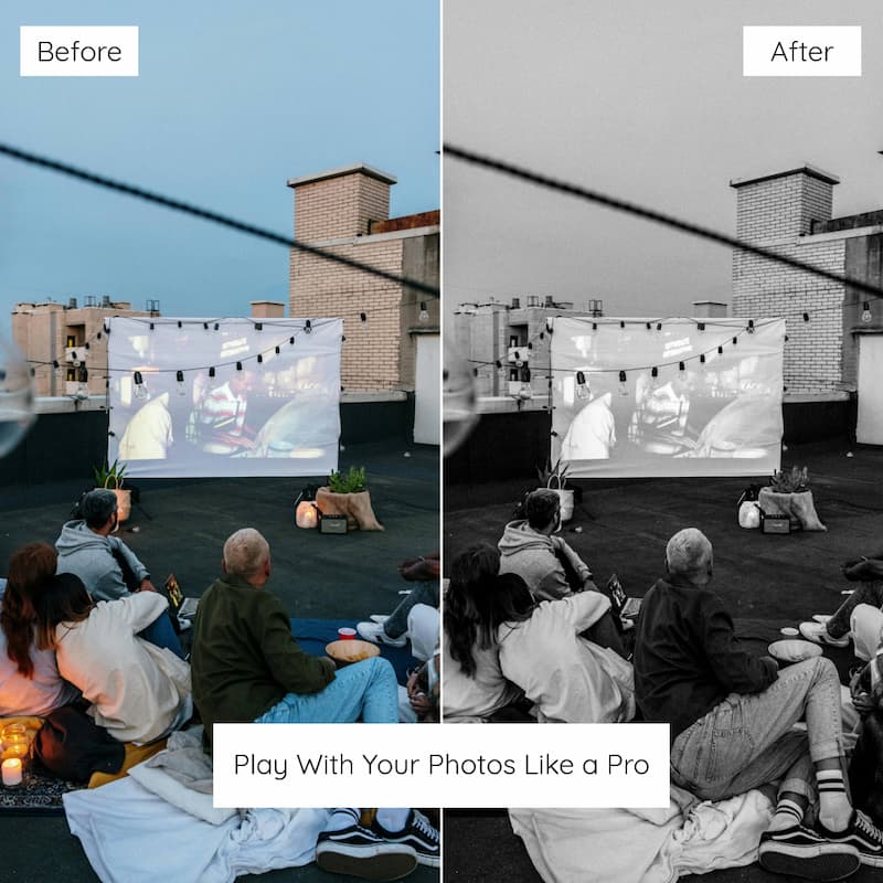 Before and after comparison of a rooftop movie night scene edited with Ilford B&W Preset Collection.