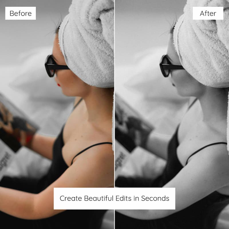Before and after comparison of a woman with a towel on her head edited with Ilford B&W Preset Collection.