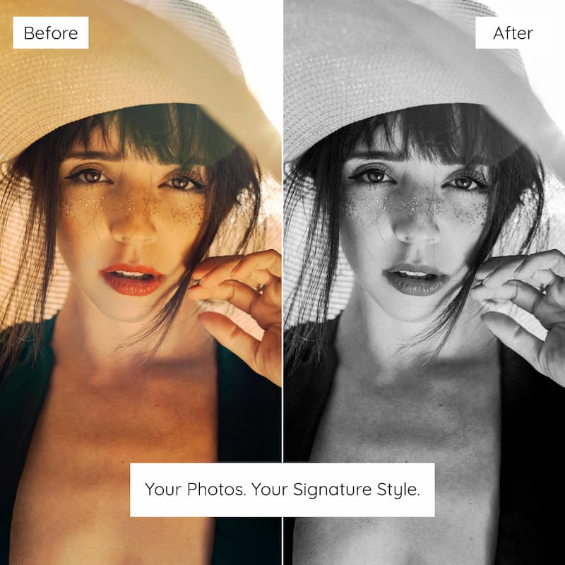 Before and after comparison of a woman's portrait with a hat edited with Ilford B&W Preset Collection.
