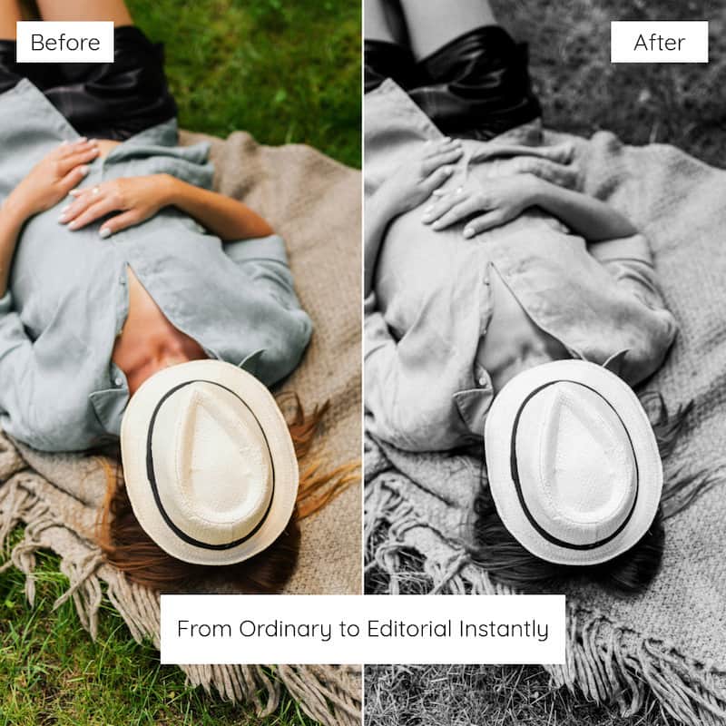 Before and after comparison of a person lying on grass with a hat edited with Ilford B&W Preset Collection.
