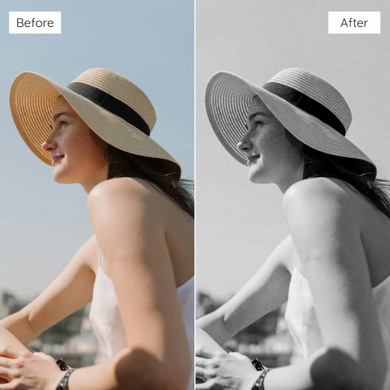Before and after comparison of a woman wearing a sun hat with a clear sky background edited with Ilford B&W Look Video LUTs.