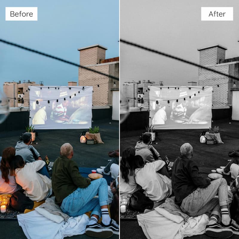 Before and after comparison of a rooftop movie night setup edited with Ilford B&W Look Video LUTs.