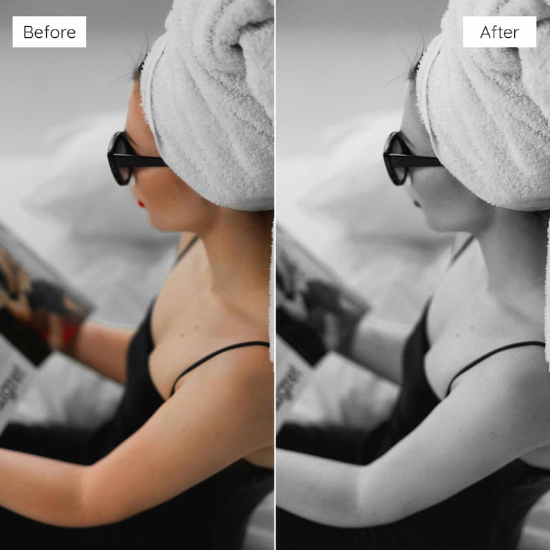 Before and after comparison of a woman with a towel on her head edited with Ilford B&W Look Video LUTs.