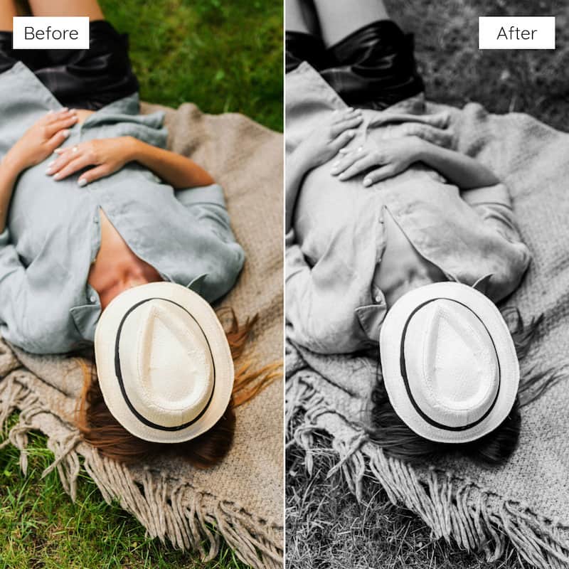 Before and after comparison of a person lying on a blanket with a hat edited with Ilford B&W Look Video LUTs.