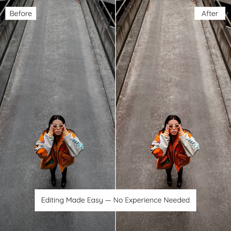 Before and after comparison of a person standing on a concrete path edited with Influencer Lightroom Preset