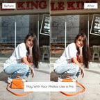 Before and after comparison of a woman posing outdoors with an orange bag edited with Influencer Lightroom Preset