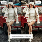 Before and after comparison of a woman posing in front of a red car edited with Influencer Lightroom Preset