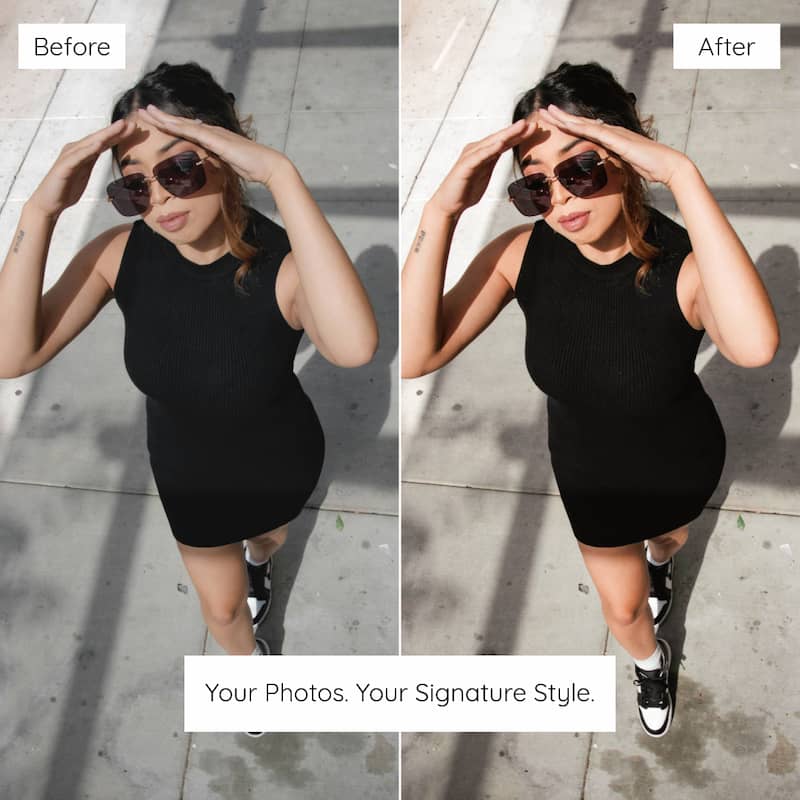 Before and after photo comparison of a person wearing a black sleeveless dress on a concrete surface edited with Influencer Lightroom Preset
