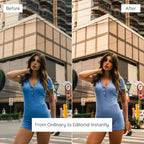 Before and after comparison of a woman in a blue dress on a city street edited with Influencer Lightroom Preset
