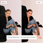 Before and after comparison of a woman sitting on a white background Edited With Insta Black Lightroom Preset