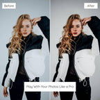 Before and after comparison of a woman wearing a black and white jacket on a gray background Edited With Insta Black Lightroom Preset