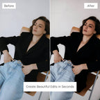 Before and after comparison of a woman in a black blazer and light blue jeans against a white background Edited With Insta Black Lightroom Preset