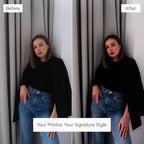 Before and after comparison of a person wearing a black top and blue jeans against a curtain Edited With Insta Black Lightroom Preset