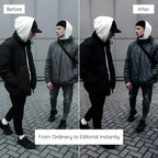 Before and after comparison of a person wearing a black jacket and white beanie on a gray pavement, Edited With Insta Black Lightroom Preset