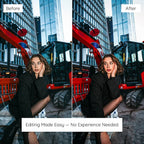 Before and after comparison of a woman in front of construction equipment Edited With Insta Red Lightroom Preset
