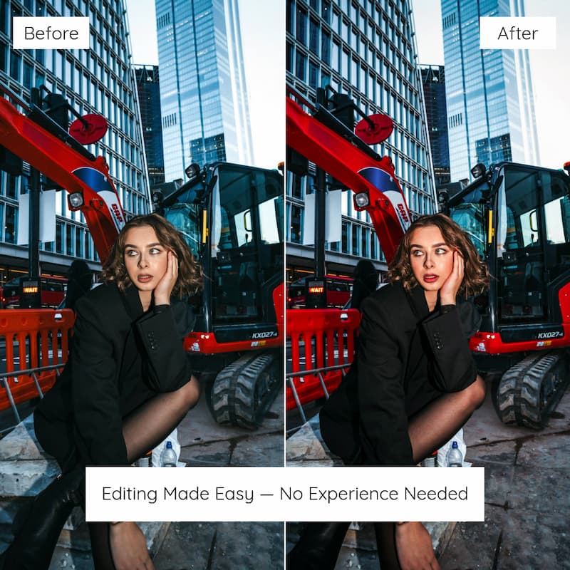 Before and after comparison of a woman in front of construction equipment Edited With Insta Red Lightroom Preset