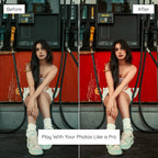 Before and after comparison of a woman sitting at a gas station, Edited With Insta Red Lightroom Preset