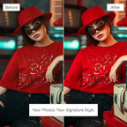 Before and after comparison of a person wearing a red shirt with 'LOVE IS STRONG' Edited With Insta Red Lightroom Preset