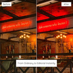 Before and after comparison of a red neon sign in a room with chandeliers and artwork Edited With Insta Red Lightroom Preset