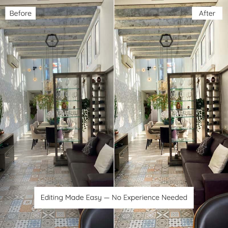 Before and after comparison of a living room interior design edited with interior lightroom preset