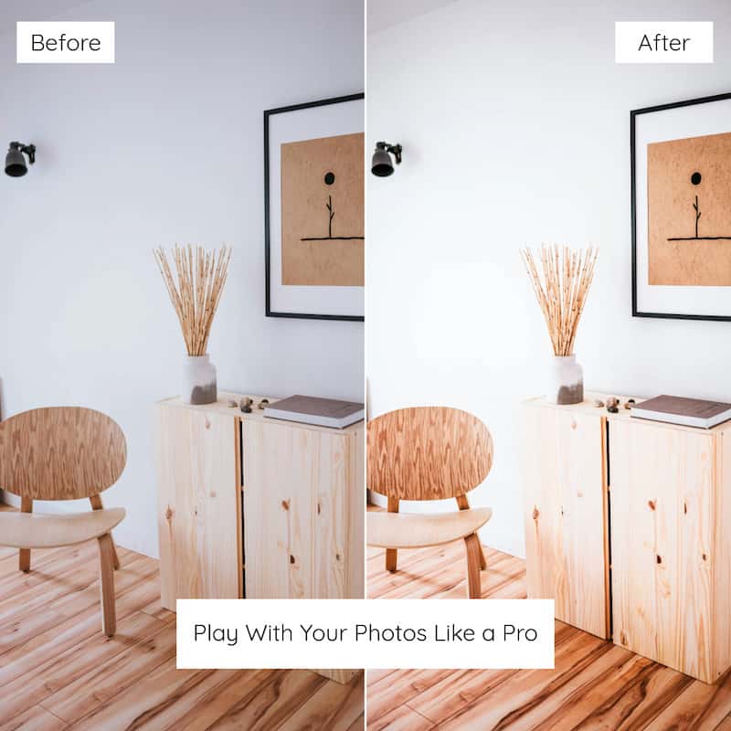 Before and after comparison of a room with furniture and decor edited with interior lightroom preset
