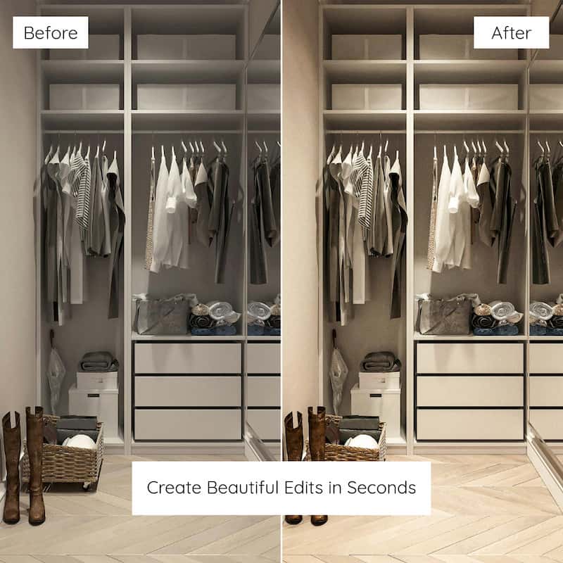 Before and after comparison of a closet organization project edited with interior lightroom preset