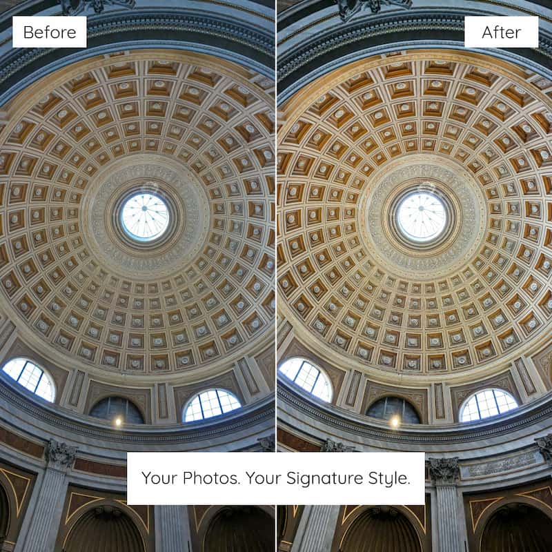 Comparison of a dome interior labeled edited with interior lightroom preset