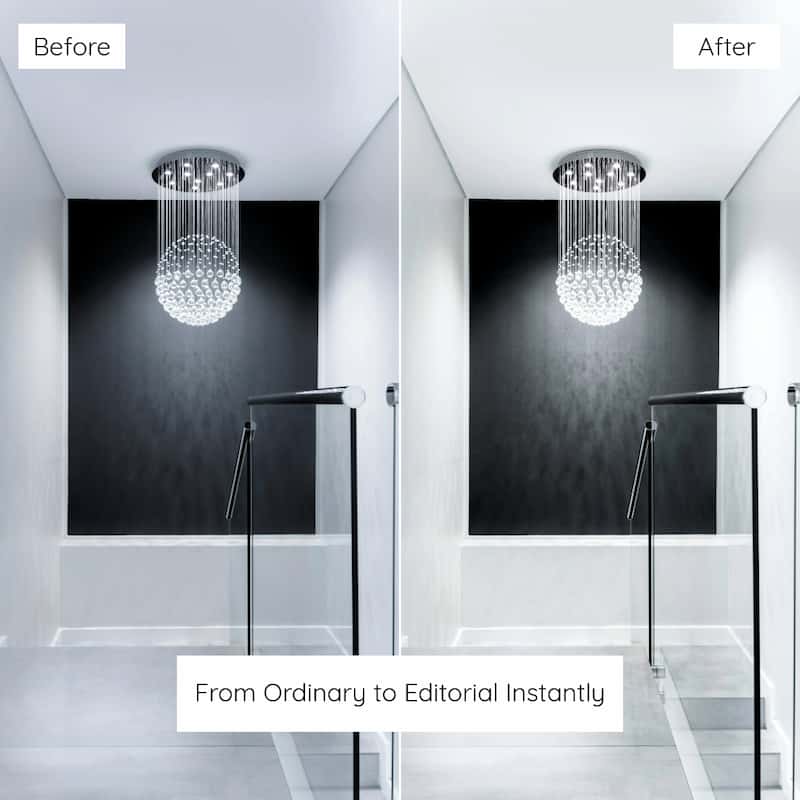 Before and after comparison of a ceiling light fixture in a modern interior setting edited with interior lightroom preset