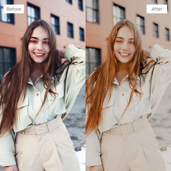 Before and after using Lightroom Presets to add vibrant and dynamic tones to an image.