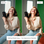 Before and after comparison of a woman holding a camera against a green screen Edited with Ivory Lightroom Preset