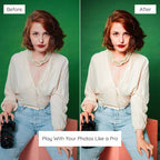 Before and after photo editing comparison of a woman holding a camera against a green background Edited with Ivory Lightroom Preset