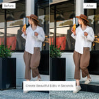 Before and after comparison of a person holding a coffee cup and an orange in front of a building Enhanced with Ivory Lightroom Preset