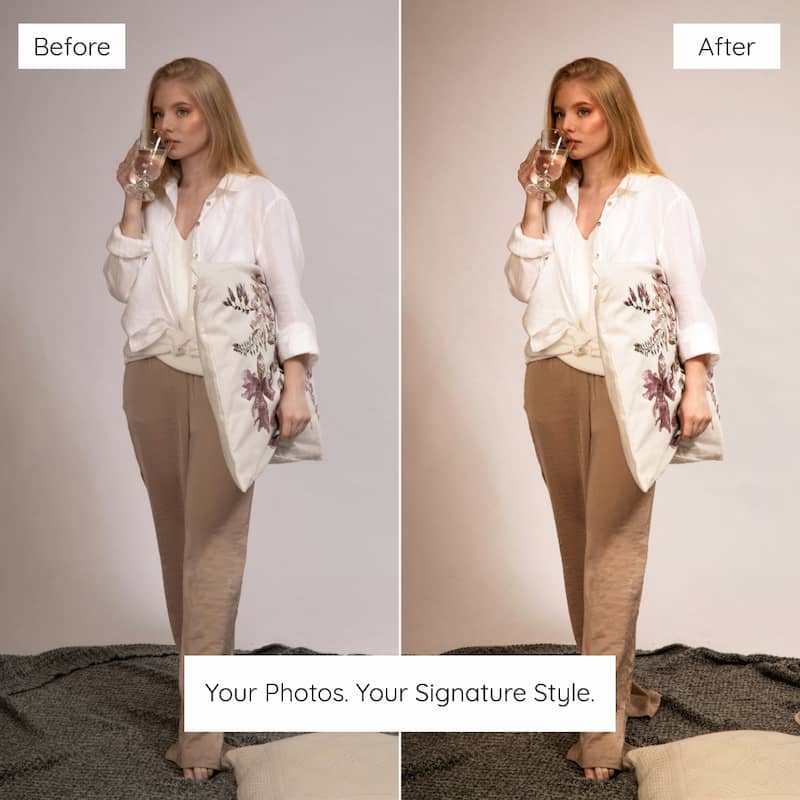 Before and after comparison of a woman wearing a white blouse with floral patterns and brown pants Enhanced with Ivory Lightroom Presets