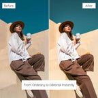 Before and after comparison of a woman sitting against a wall Edited with Ivory Lightroom Presets