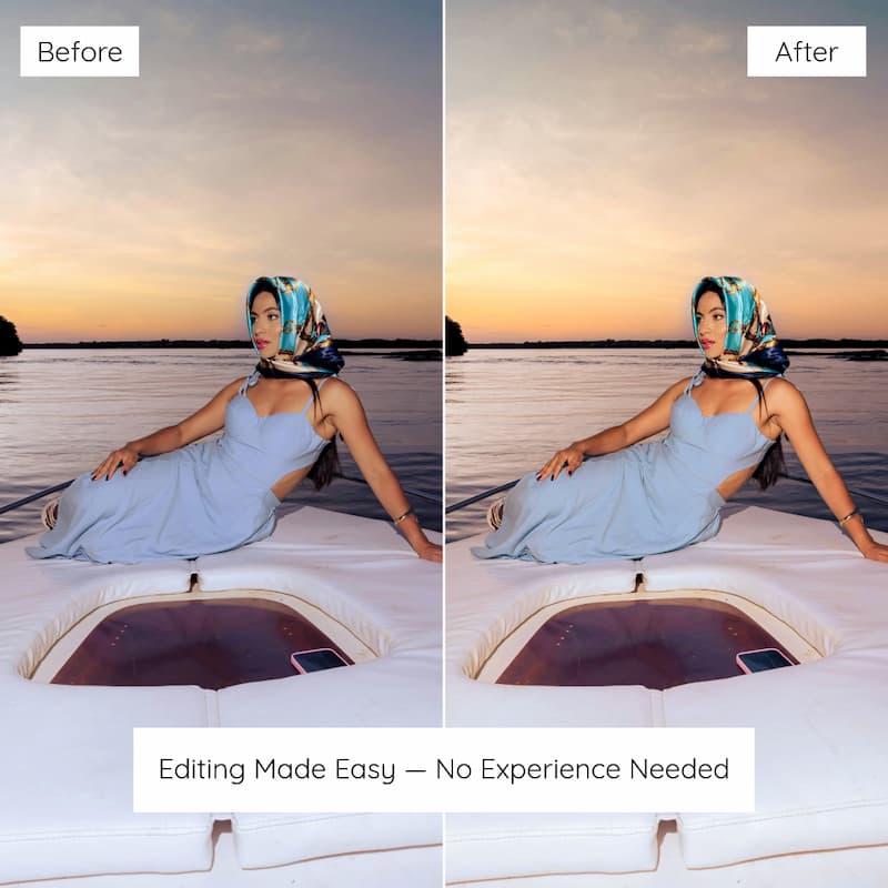 Before and after comparison of a woman in a blue dress and headscarf on a boat at sunset edited with Kodak ColorPlus Look Preset Collection.