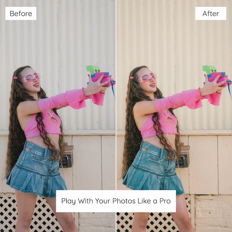 Before and after comparison of a person in pink top and denim skirt edited with Kodak ColorPlus Look Preset Collection.