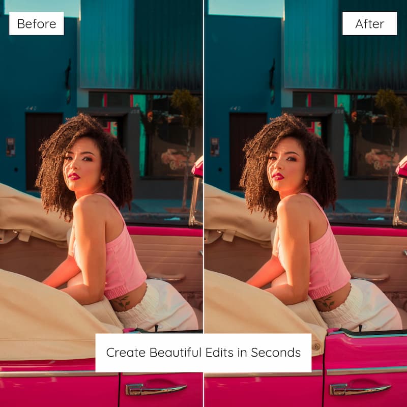 Before and after comparison of a woman sitting in a pink car edited with Kodak ColorPlus Look Preset Collection.