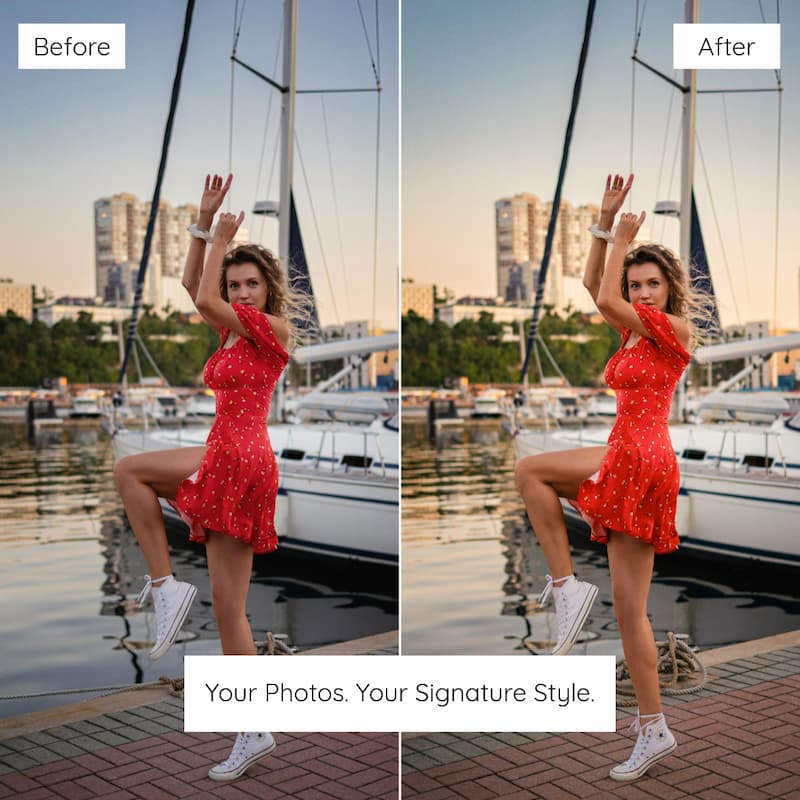 Before and after comparison of a woman in a red dress at a dock with boats and city skyline edited with Kodak ColorPlus Look Preset Collection.