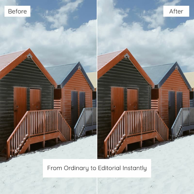 Before and after comparison of wooden cabins with a cloudy sky edited with Kodak ColorPlus Look Preset Collection.