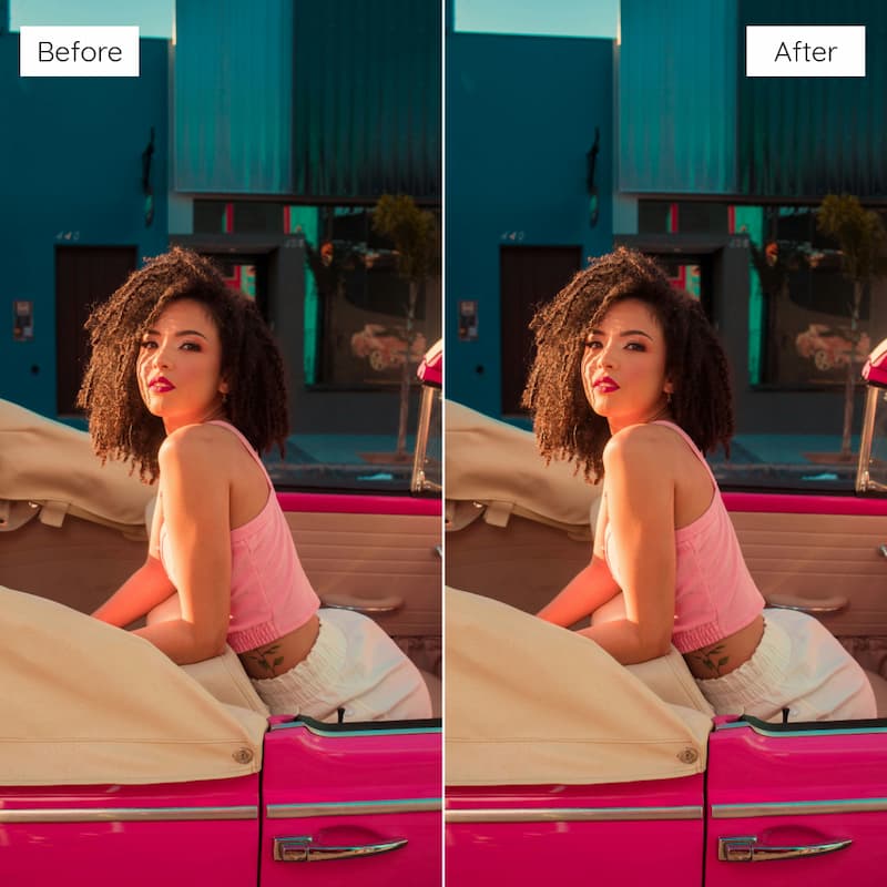 Before and after comparison of a woman sitting on a pink car edited with Kodak ColorPlus Look Video LUTs.