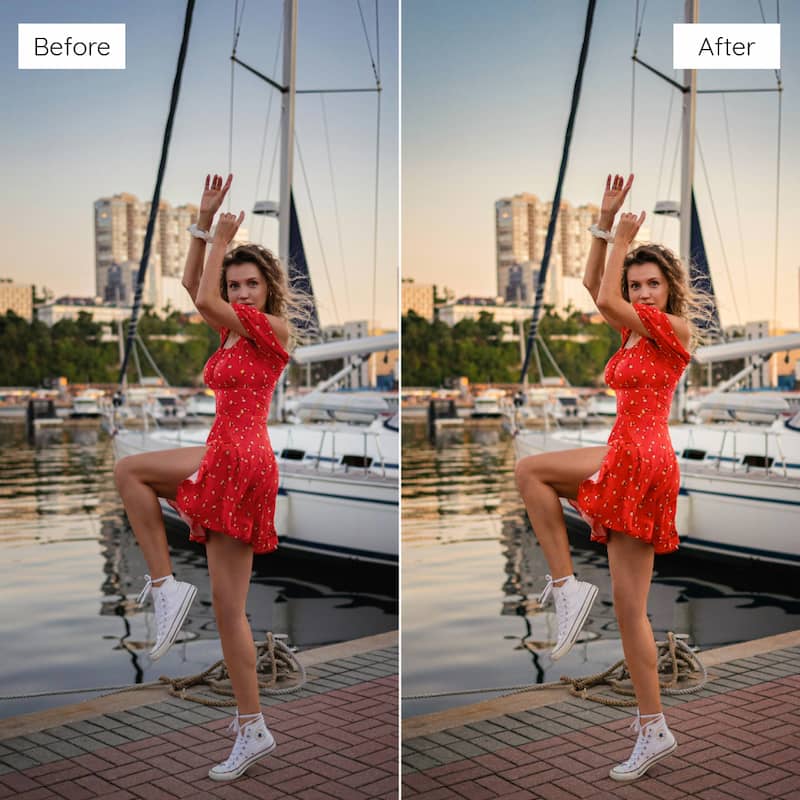 Before and after comparison of a woman in a red dress at a marina edited with Kodak ColorPlus Look Video LUTs.
