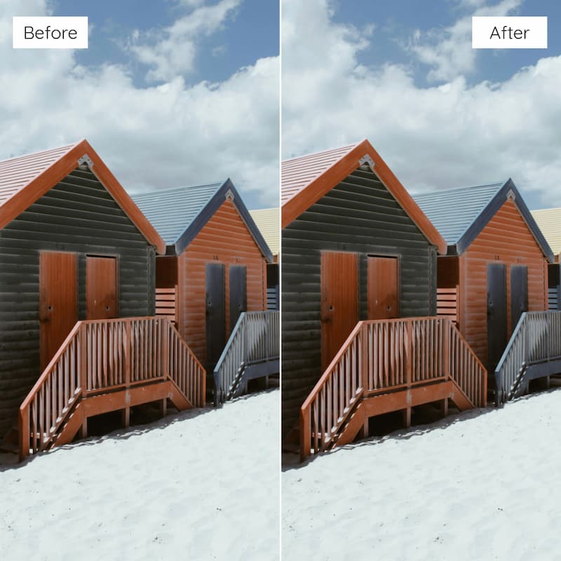 Comparison of wooden beach huts with snow edited with Kodak ColorPlus Look Video LUTs.
